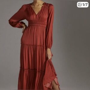 Anthropologie Rust Colored, Tiered, Boho, Long Sleeve MAXI Dress Size S